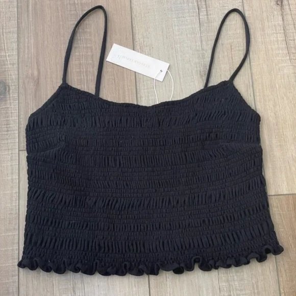 NWT REBECCA TAYLOR Black Tank Crinkle crop top | Medium - smocked cami - Picture 2 of 10